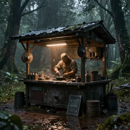 blacksmith stall, cyberpunk, rain, in a forest, octane render