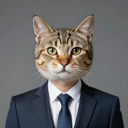 a man wearing a business suit with his head as a cat’s head, photo,