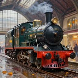 a neo vintage locomotive, detailed, paris railway station background, photorealism, volumetric autumn lights, ray lights, coloured, ( ( ( rainy day ) ) ) depth of field, sharp details, photo, hasselblad, by moebius and ricardo robles, marco turini, oil, ink, gouache, 3 d concept art, octane render