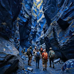 a small party of adventurers exploring a claustrophobic dark blue canyon of stone, oil painting, greg rutkowski, unreal engine, octane render, highly detailed