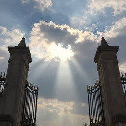 gates of heaven, beautiful clouds, sun rays, epic cinematic artwork by beksinski, 4 k, masterpiece