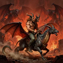 digital art of two headed man riding a three headed bat with snake tail to battle against demons in hell by bob ross, concept art, ultra detail, fantasy, game, 4 k