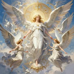heavenly realm populated by angels, intricate, elegant, highly detailed, ray tracing, digital painting, artstation, concept art, smooth, sharp focus, illustration, art by artgerm and greg rutkowski and alphonse mucha, 8 k