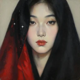 hyperrealism oil painting, close - up fashion portrait of woman face in black robe, soft light, soft colors, red silk pattern mixed with star sky in front, in style of classicism mixed with 7 0 s japanese sci - fi book art
