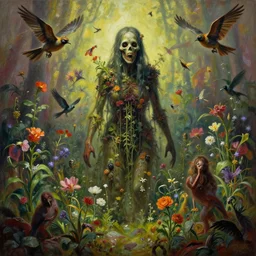 'Life from death' An aesthetic horror painting depicting 'A human slaughterhouse with plants and flowers growing, birds and insects flying around' by Wayne Barlowe, Trending on cgsociety artstation, 8k, masterpiece, cinematic lighting, vibrant colors.