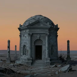 matte painting of overgrown mausoleum in a forgotten wasteland, Zdzislaw Beksinski, Lewis Jones, mattias adolfsson, cold hue's, warm tone gradient background