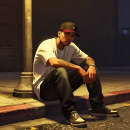 young guy wearing a cap and sitting on a curb under a warm street light in the dark, gta v,, art by greg rutkowski