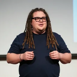 an obese entrepreneur with long dreadlocks and trendy glasses gives a ted talk inside a large aquarium filled with neon jellyfish, high detail, full focus, time magazine 2 0 2 2