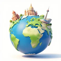 llustration of the globe with famous 3 d top touristic attractions on it, 3 d render, 3 d model, smooth, ray tracing, illustration, in the style of shkret