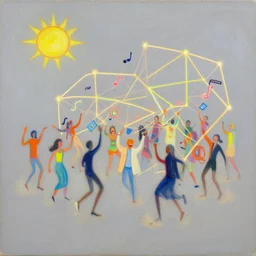 minimalistic, dust evolving into neural networks. party, neon, colorful, party happy dancing characters,, music ( ( ( sun ) ) ), stunning, award, winning masterpiece by marc simonetti, by moebius and basquiat, oil on canvas