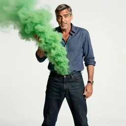 embarrassed george clooney with a big green smelly gas cloud rising up from the back of his pants, oopsie did i do that