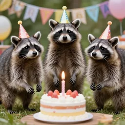 three racoons having a cool birthday party, photo, highly detailed