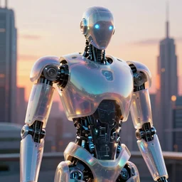 hyper realistic and detailed closeup photo of a beautiful robot with segmented iridescent translucent panels with sunset over a futuristic city behind by annie leibovitz