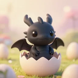 a portrait of a cute happy tiny black chibi dragon hatching from an egg, black eyes, artstation, by magali villeneuve, depth of field, beautiful lighting, pastel colors, bokeh, fantasy art
