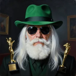 artist and actor kevin page from robocop film. white beard and moustache. green cool hat. dark room. portrait. photorealistic. incredible. dramatic. surrealistic painting. 7 0 s photo. cool sunglasses. long white hair. dark room. crazy artist. photo awards winner