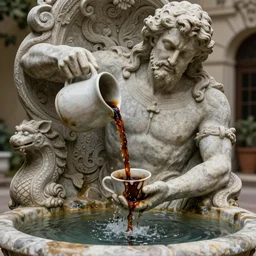 an intricate detail of a large stone fountain statue of a man with a coffee mug with black coffee waterfalls flowing in it and hot spring,  fantasy, highly detailed, cinematic lighting, volumetric lighting,  Artstation, concept art, hyper realistic, cgsociety