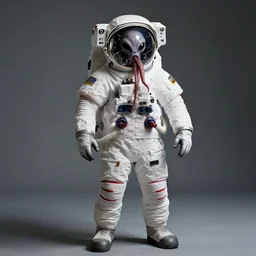 extremely detailed studio portrait of space astronaut, alien tentacle protruding from eyes and mouth, slimy tentacle breaking through helmet visor, shattered visor, full body, soft light, disturbing, shocking realization, award winning photo by lisa kristine