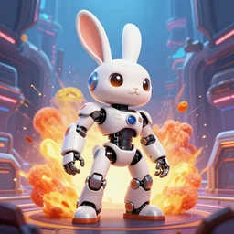 an anthropomorphic rabbit robot with human characteristics, in a futuristic arena, digital art, epic composition, fantasy cyberpunk, explosion of color, highly detailed, in the style of jakub rebelka artstation, in the style of jake parker, in the style of conrad roset, swirly vibrant colors, sharp focus