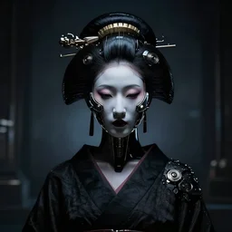 a hyper realistic futuristic, minimal, stunningly cyborg tradition geisha photograph, covering face with a intricate sci - fi equipment, high fashion, in a dark futuristic room, metal gear solid, dark moody backlighting, silhouette, octane render,
