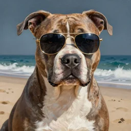a photorealistic highly detailed painting of pitbull wearing sunglasses at the beach by johfra bosschart, lisa frank, kinkade, visionary art, dark fantasy art, high detail, trending on artstation