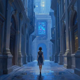 hyperrealistic and beautiful painting of an alley way within a grand city, woman in a dress walking, classical architecture, technological lights, screens, cyberpunk style, 8 k resolution, by hugh ferris and john smith, polished, fine detail, intricate, blue color scheme, cyberpunk style, smooth, octane, concept art, trending on artstation