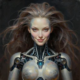 perfectly centered portrait front view of a beautiful biomechanical alien android female robot, flowing hair, intense stare, sweet smile, symmetrical, concept art, intricate detail, volumetric shadows and lighting, realistic oil painting by alex grey and gustave dore,