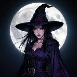 portrait, female dark Witch in front of the full big moon, dramatic lighting, cinematic, smooth, very sharp, colorful, establishing shot, extremely high detail, photo realistic, cinematic lighting, pen and ink, intricate line drawings, by Yoshitaka Amano, Ruan Jia, Kentaro Miura, Artgerm, post processed, concept art, artstation, matte painting, style by eddie mendoza, raphael lacoste, alex ross