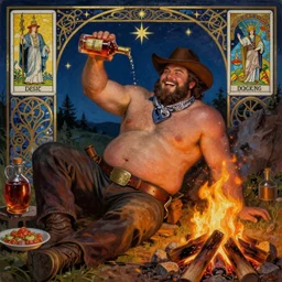 a dramatic, epic, ethereal painting of a !!!handsome!!! thicc chunky beefy mischievous shirtless with a big beer belly wearing a large belt and bandana offering a whiskey bottle | he is a cowboy short beard smirking relaxing by a campfire | background is a late night with food and jugs of whisky | homoerotic, rugged | stars, tarot card, art deco, art nouveau, mosaic, intricate | by Mark Maggiori (((and Alphonse Mucha))) | trending on artstation