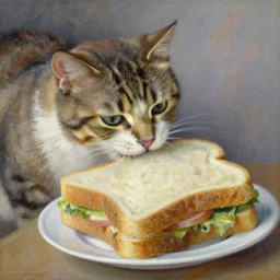 an oil painting of a cat biting into a big sandwich by Claude Monet