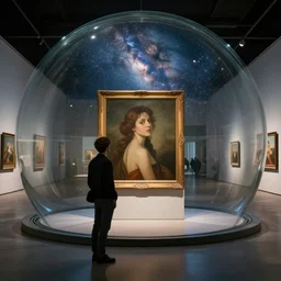 A handsome man staring at a painting of a beautiful woman staring back at him. Modern art gallery. The entire art gallery is enclosed in a giant glass sphere backlit by the light of the Milky Way. Wide angle. Photorealistic. Dramatic lighting. Award winning photography. 35mm photograph.