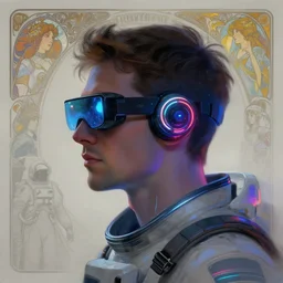 side view future coder man, sleek cyclops display over eyes and glowing headset, neon accents, holographic colors, desaturated headshot portrait digital painting by rhads, john berkey, tom whalen, alex grey, alphonse mucha, donoto giancola, dean cornwall, astronaut cyberpunk electric lights profile