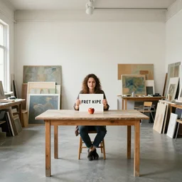 A 10ft by 10ft art studio, an attractive woman is sitting at the table in the middle of the room with an apple on the table, woman his holding a sign, table is centered