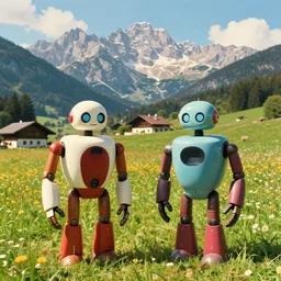 a ultra photorealistic and sharp film still of an a sunny and colourful open field in 2 0 2 1 in the middle of the bavarian alps, germany. two colourful highly detailed robots posing in the foreground. wide shot, wes anderson, studio ghibli, pixar and disney animation, octane render, anime key art by greg rutkowski, dramatic lighting, award winning photography
