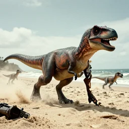 A movie screenshot of Velociraptors storming the beach at Normandy in the style of Saving Private Ryan, directed by Henry Selick and Tim Burton.