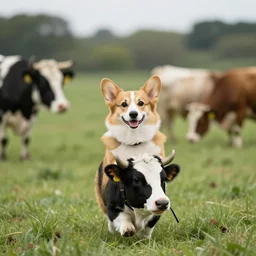 photographic image of a corgi riding a cattle in a park