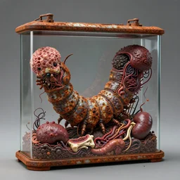 Techno-biological rusty caterpillar tank consisting of tumors, meat, veins, bones, guts, kidneys, wires. Biopunk, body-horror, high detail, photorealism, full length view, very rust, concept art, 16k