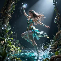 female water mage, high quality character design, action pose : : spotlight, magical, seapunk, seaweed, bubbles, high detail, 1 6 k, oled, shadows, reflections, digital art