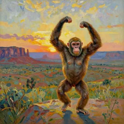 bright beautiful oil painting of a valley with a dancing primitive ape in monument valley at sunset, light scatter, van gogh