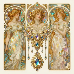rococo and art nouveau fusion, gold and iridescent diaphanous silk and lace, refractive and reflective crystal gemstone jewelry and flowers, fantasy, intricate, elegant, highly detailed, digital painting, artstation, concept art, matte, sharp focus, illustration, hearthstone, art by artgerm and greg rutkowski and alphonse mucha