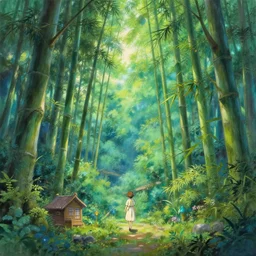 a heavenly dream view from the interior of my cozy bamboo forest dream world filled with color from a Makoto Shinkai oil on canvas inspired pixiv dreamy scenery art majestic fantasy scenery fantasy pixiv scenery art inspired by magical fantasy exterior illumination of awe and wonder