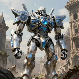art nouveau giant robot, with coils and blue glass details on its armor, in the middle of victorian city ruins, trending on artstation