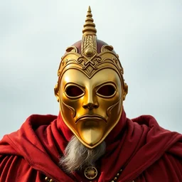 big man, wearing a golden mask thats heart shaped.