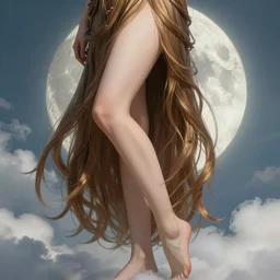 fantasy, beautiful leg, long hair, girl, portrait, cloud and moon background, high detail, concept art, digital art, illustration, smooth, sharp focus, greg rutkowski, alphonse mucha, trending on artstation, trending on deviantart,