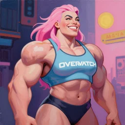 greg manchess portrait of margot robbie as very happy thick muscular female bodybuilder zarya from overwatch with pink hair in disco elysium, fantasy, medium shot, asymmetrical, profile picture, organic painting, matte painting, bold shapes, hard edges, street art, trending on artstation, by huang guangjian and gil elvgren and sachin teng