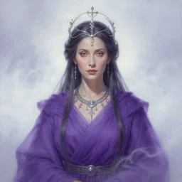 portrait of an androgynous middle - aged divine person dressed in purple robes, wearing a silver tiara, runes, jewelry, mystical, ethereal, magical white fog, paitning by greg rutkowski