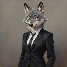 oil painting of anthromorphic female wolf, in style of zootopia, female fursona, furry, furaffinity, 4 k, deviantart, furry art, fursona art, wearing black business suit, business suit, wolf fursona, female, very expressive detailed feminine face,