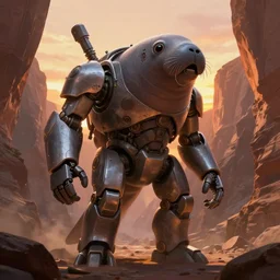 giant mech shaped like a manatee, machine, standing in a canyon, sunset, epic, greg rutkowski, digital painting