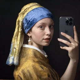 the girl with a pearl earring is doing a selfie,by Jan Vermeer