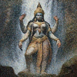 A cinematic portrait of the majestic mystical colossal Indian Hindu Demon Satan goddess standing below a waterfall, by Rembrandt van Rijn, by Wayne Barlowe, by Paul Lehr, by Bruce Pennington, by Zdzisław Beksiński, oil on canvas, masterpiece, trending on artstation, featured on pixiv, cinematic composition, astrophotography, dramatic pose, beautiful lighting, sharp, details, details, hyper-detailed, no frames, 8K