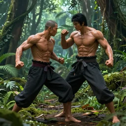 realistic image of heihachi Mishima fighting in the jungle